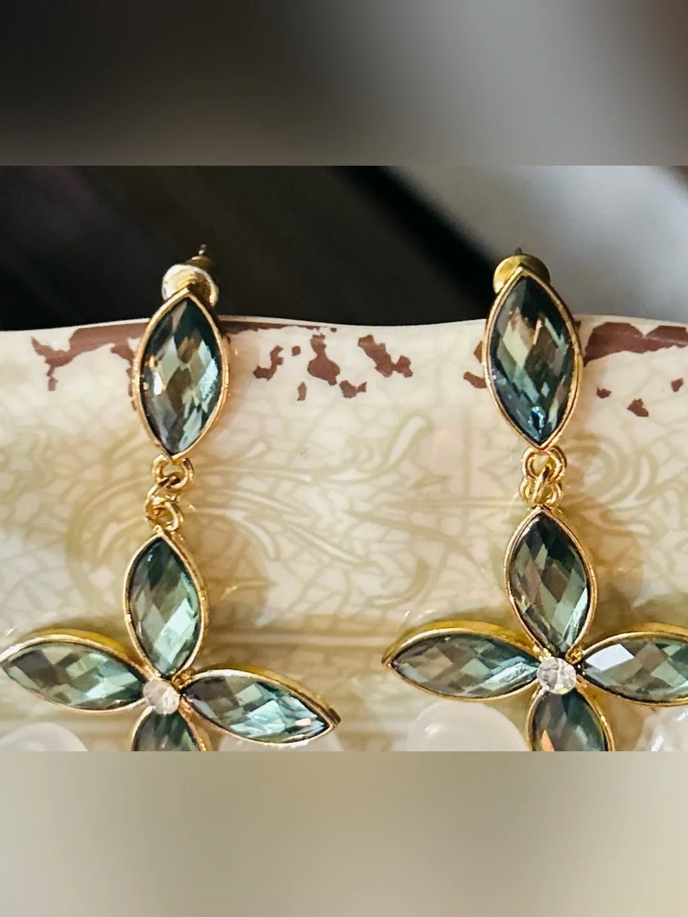 Gold Tone Drop Earrings with Teal Marquise Crystals - Elegant Floral Design